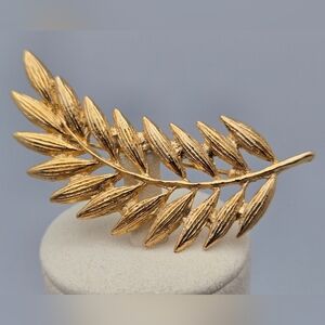 Greek Olive Gold Tone Leaf Branch Brooch Pin Brushed Satin Vintage